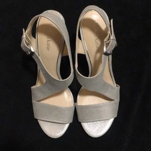 Silver open-toed heels w/ankle strap! NEVER WORN!!